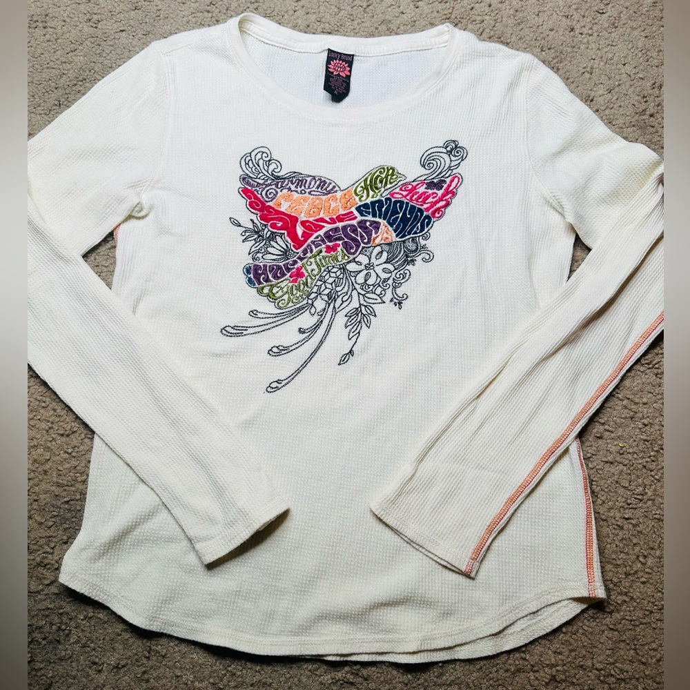 LUCKY Long Sleeved Crème Colored THERMAL EMBROIDERED DESIGN SHIRT Size XL